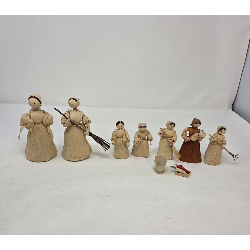 Vintage Corn Husk Folk Art Doll Set 9pc Handmade Peasant Women Chores Primitive